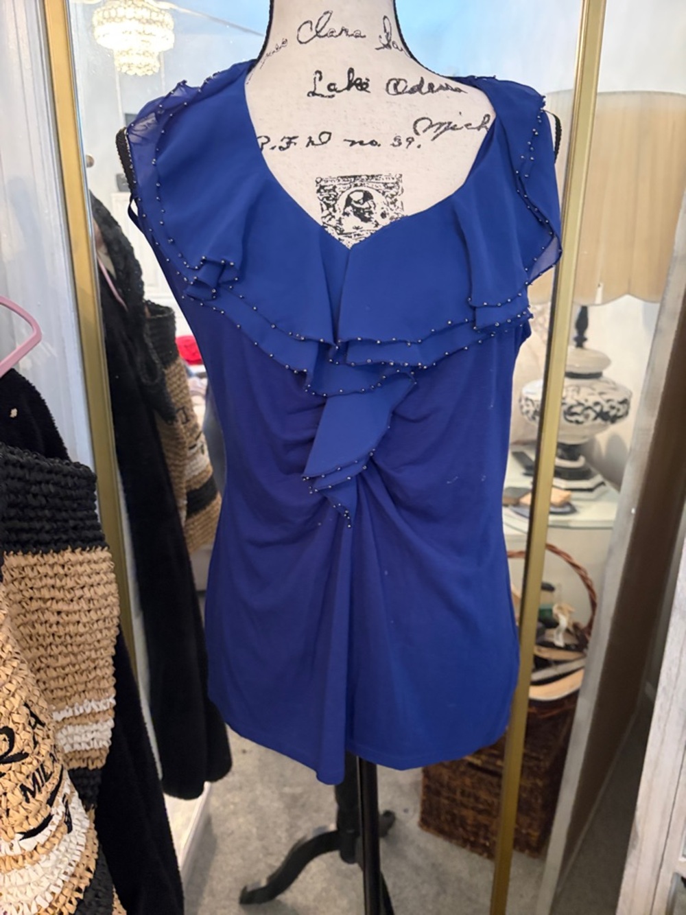 White House Black Market Royal Blue Ruffle-Trim Beaded Camisole